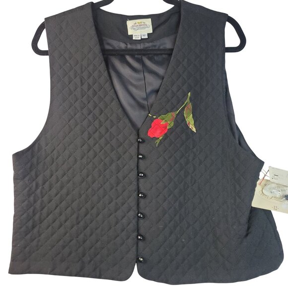 Quilted Floral Vest Size 12 Susan Bristol Winter Rose Black USA Button Deadstock - Picture 1 of 9